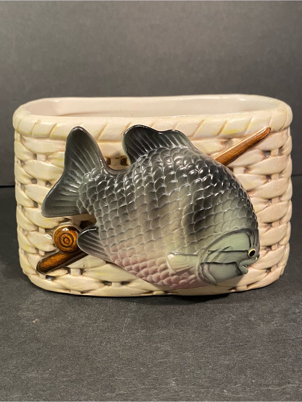 Vintage Ceramic Fishing Creel Planter 3D Bass Bluegill Fish